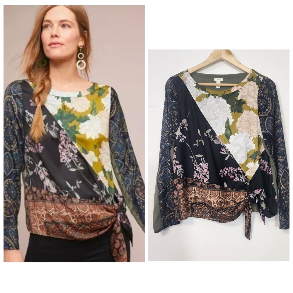 Anthro Tiny Mixed Print Wrap top XSโ Floral Paisley Boho Tie Waist patchwork